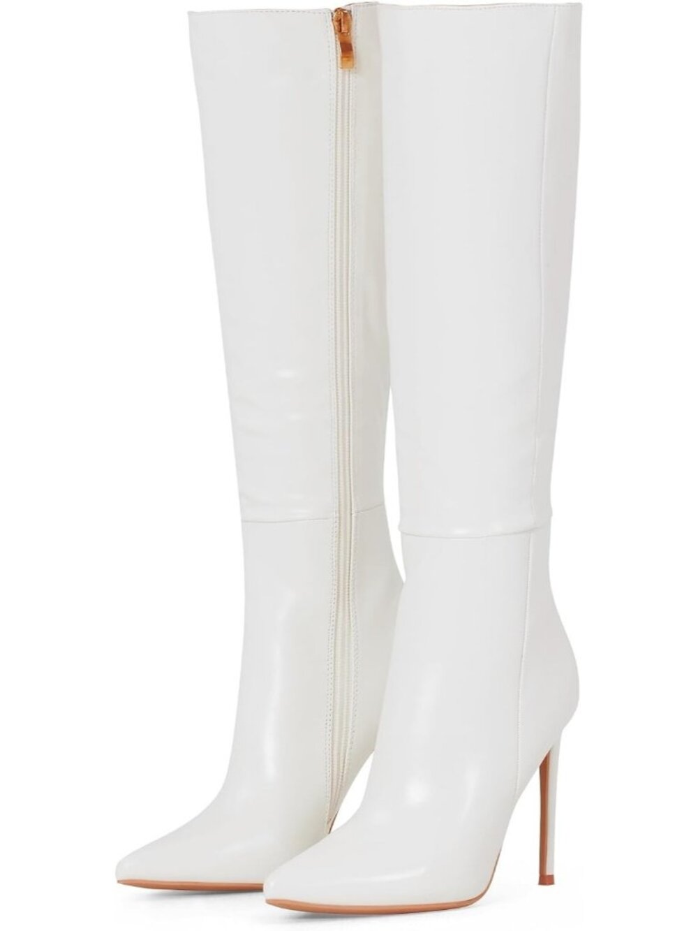 Women's Chaste White Stiletto Heel Closed Toe Knee High Zipper Ankle Booties - Picture 1 of 6
